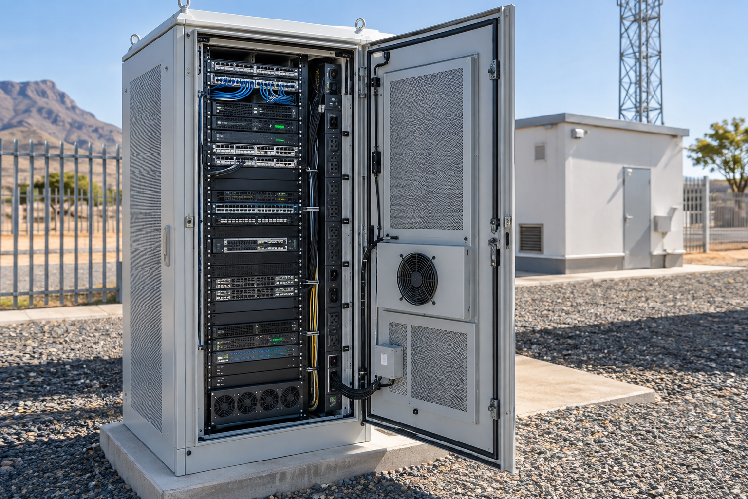 Illustrative weatherproof micro data centre cabinet with rack equipment