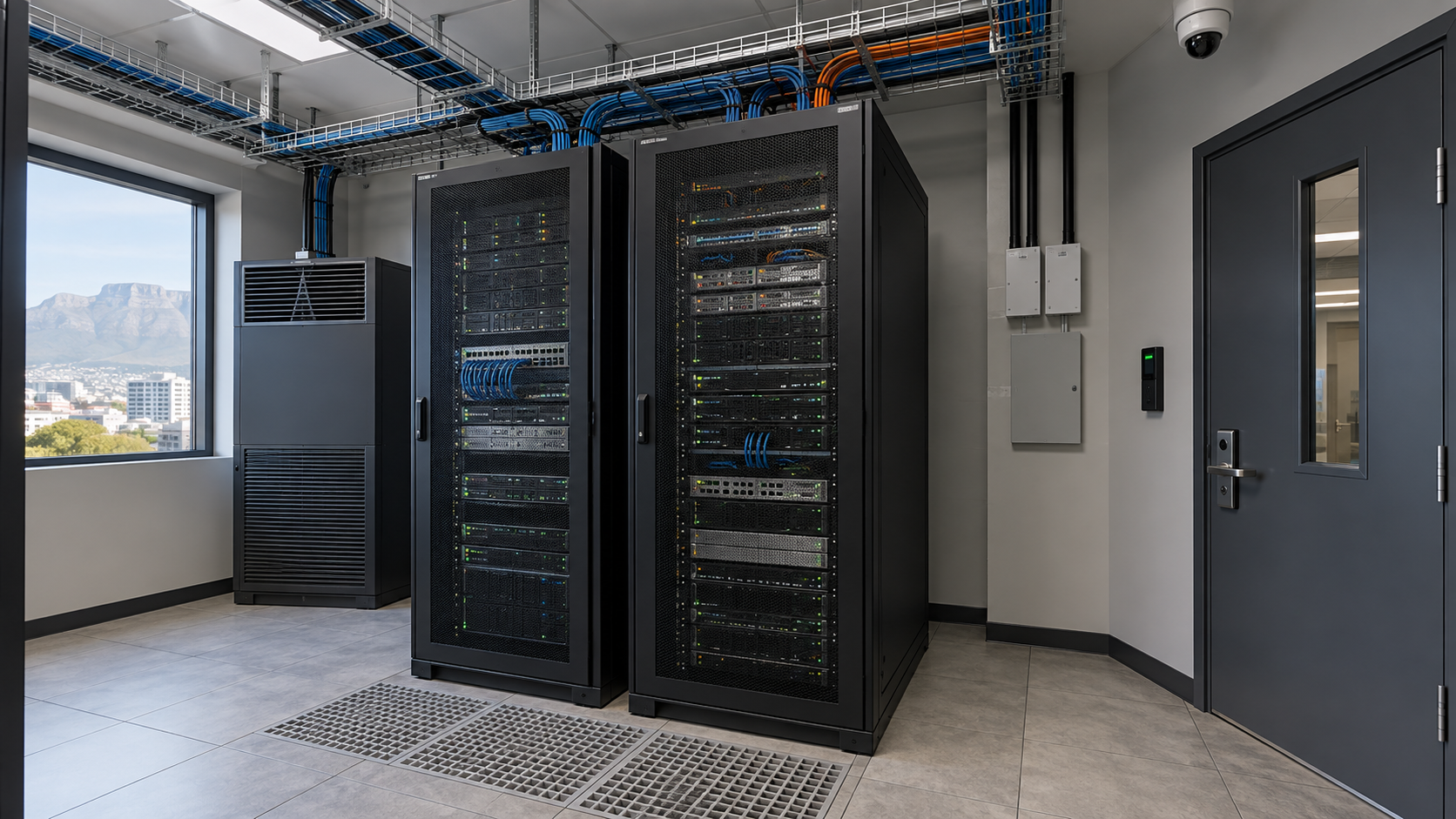 Illustrative dedicated data centre room with two equipment racks